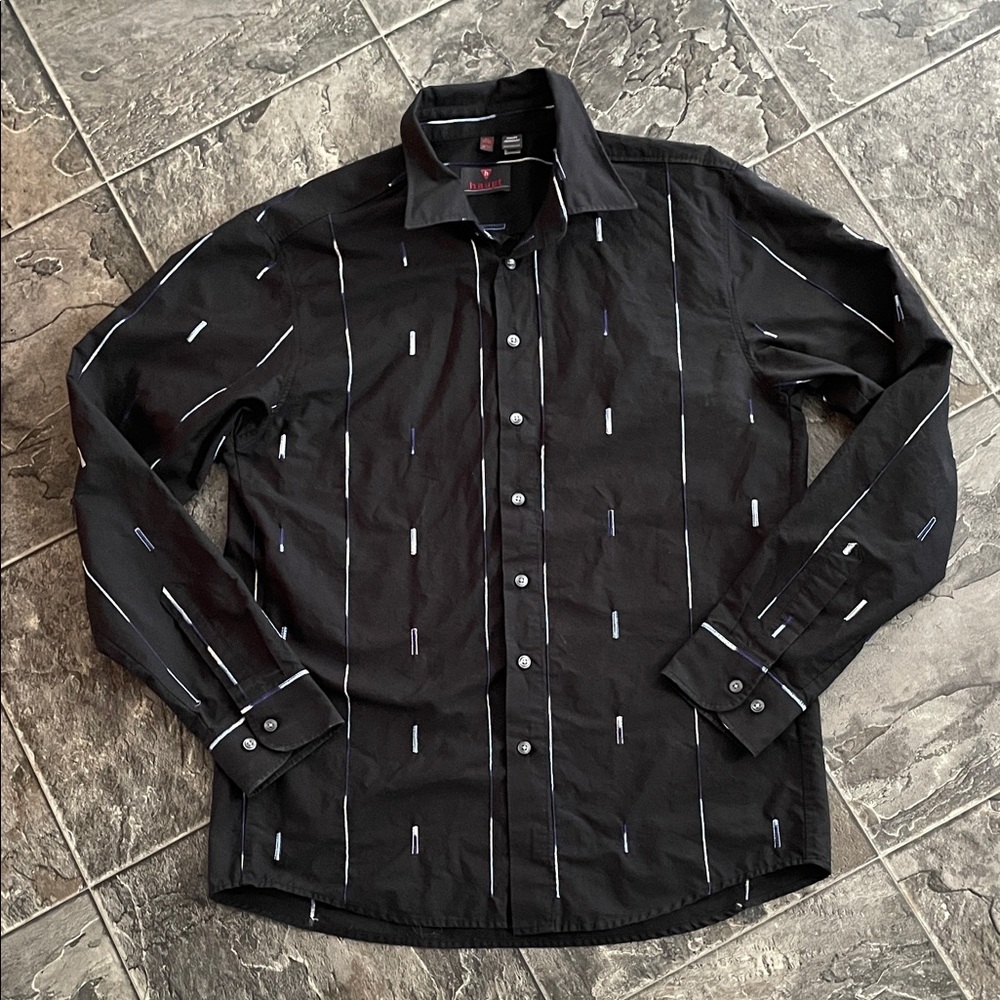 HAUPT Men’s Black w Blue & White Embroidered Pattern Urban Business Casual Shirt